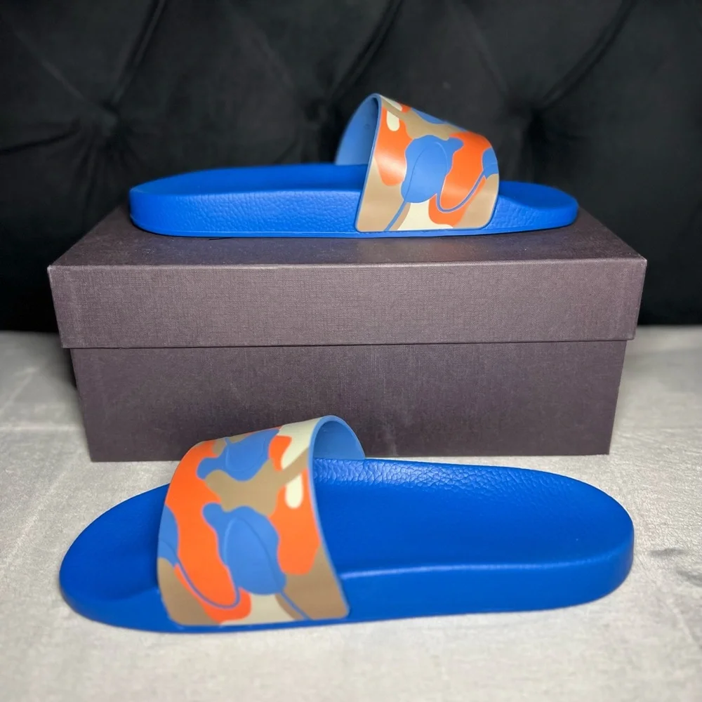 Valentino Camouflage Pool Slides - Blue with Orange Pattern - Picture 2 of 9
